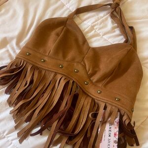 SHEIN Tan Fringe Halter Top